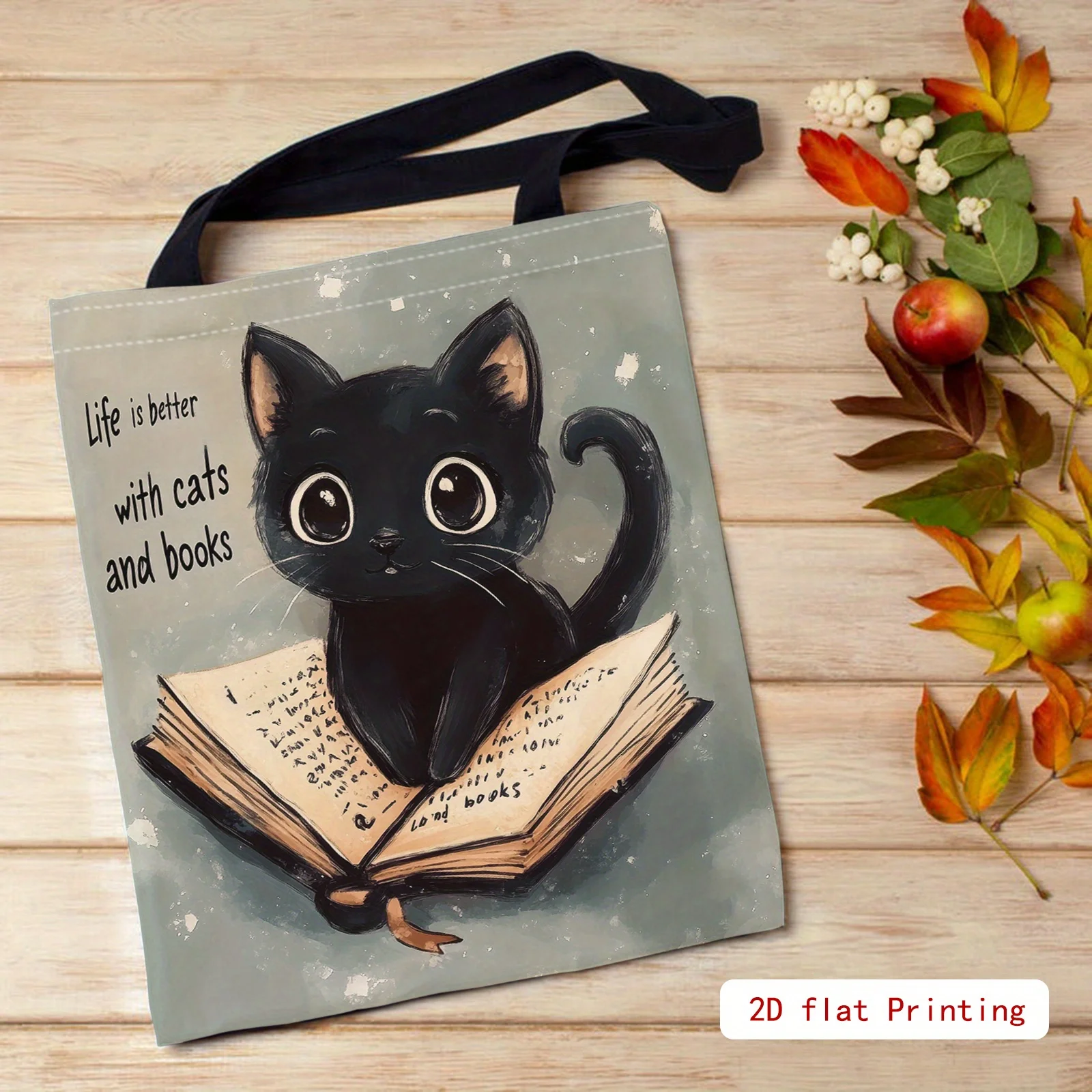 A Stylish Double-Sided Printed Tote Bag for Women Featuring A Cat and Books Theme Large Capacity Reusable Shoulder Bags