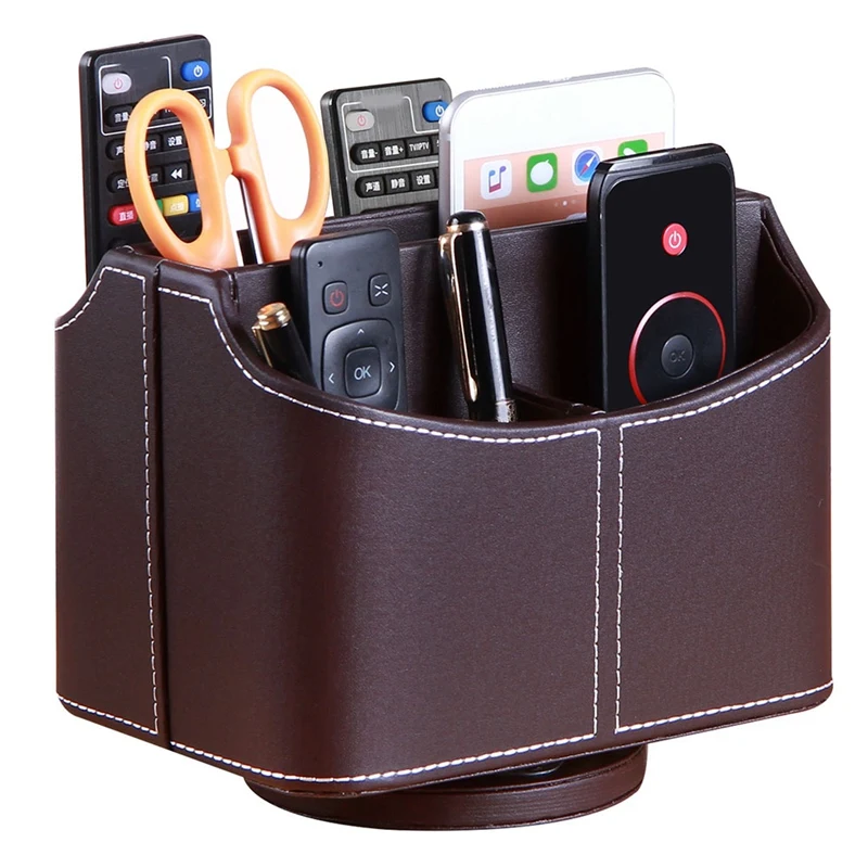 

1 Piece 360 Degree Leather Remote Control Phone And TV Holder Desk Storage Box Cosmetics Brush Storage Holder Brown