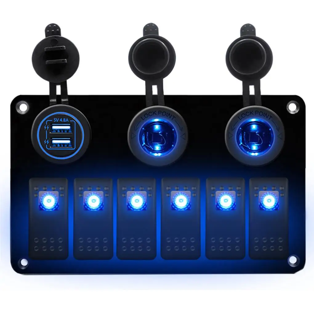 6 Gang Rocker Switch Panel Universal LED Toggle Switches On-off Circuit Breaker Car RV Socket Adapter for Dual USB Car Charger