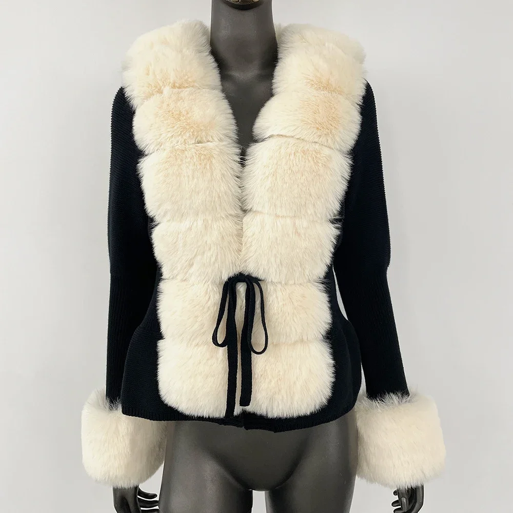 Fur Knitted Cardigan Detachable Collar Jacket Faux Fur Coat Patchwork Knit Sweater Bandage Autumn-winter Women\'s Fur Cardigan