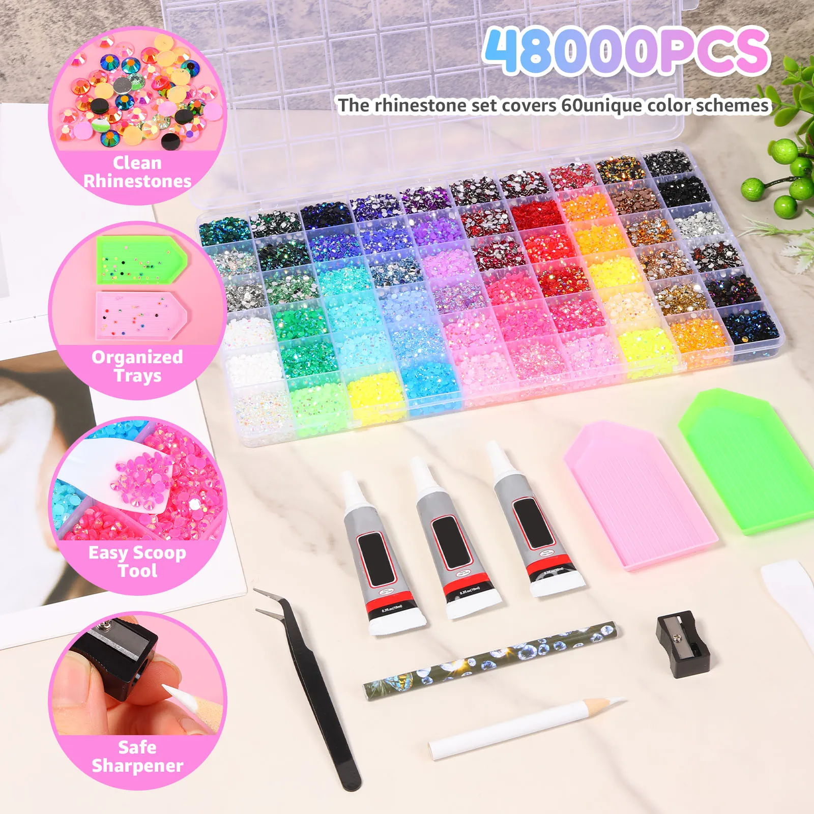 40/42/60 Colors Resin Rhinestone Bedazzling Kit Mixed Color Resin Drill 3mm Flatback Rhinestone with Glue for Nail Art Crafting 4