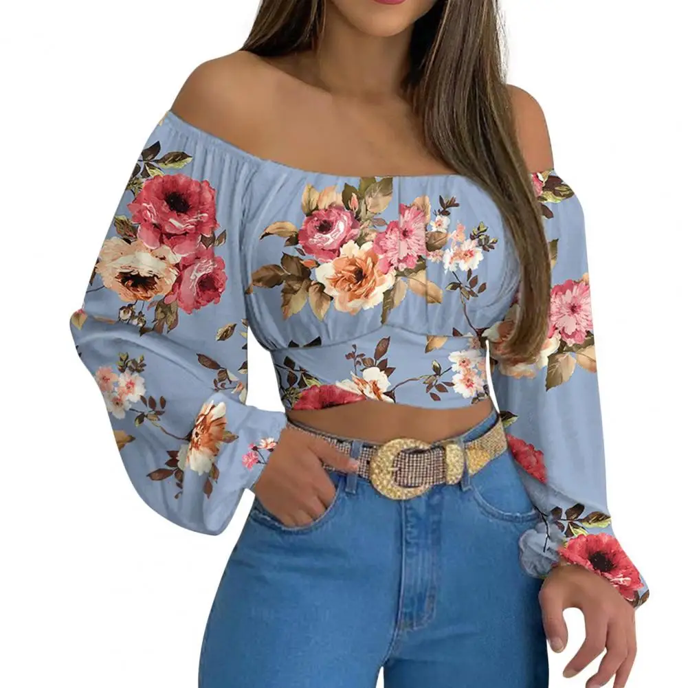 Women Cropped Tops Stylish Off Shoulder Lantern Sleeve Blouse with Lace-up Detail Women's Sexy Cropped Top for Streetwear