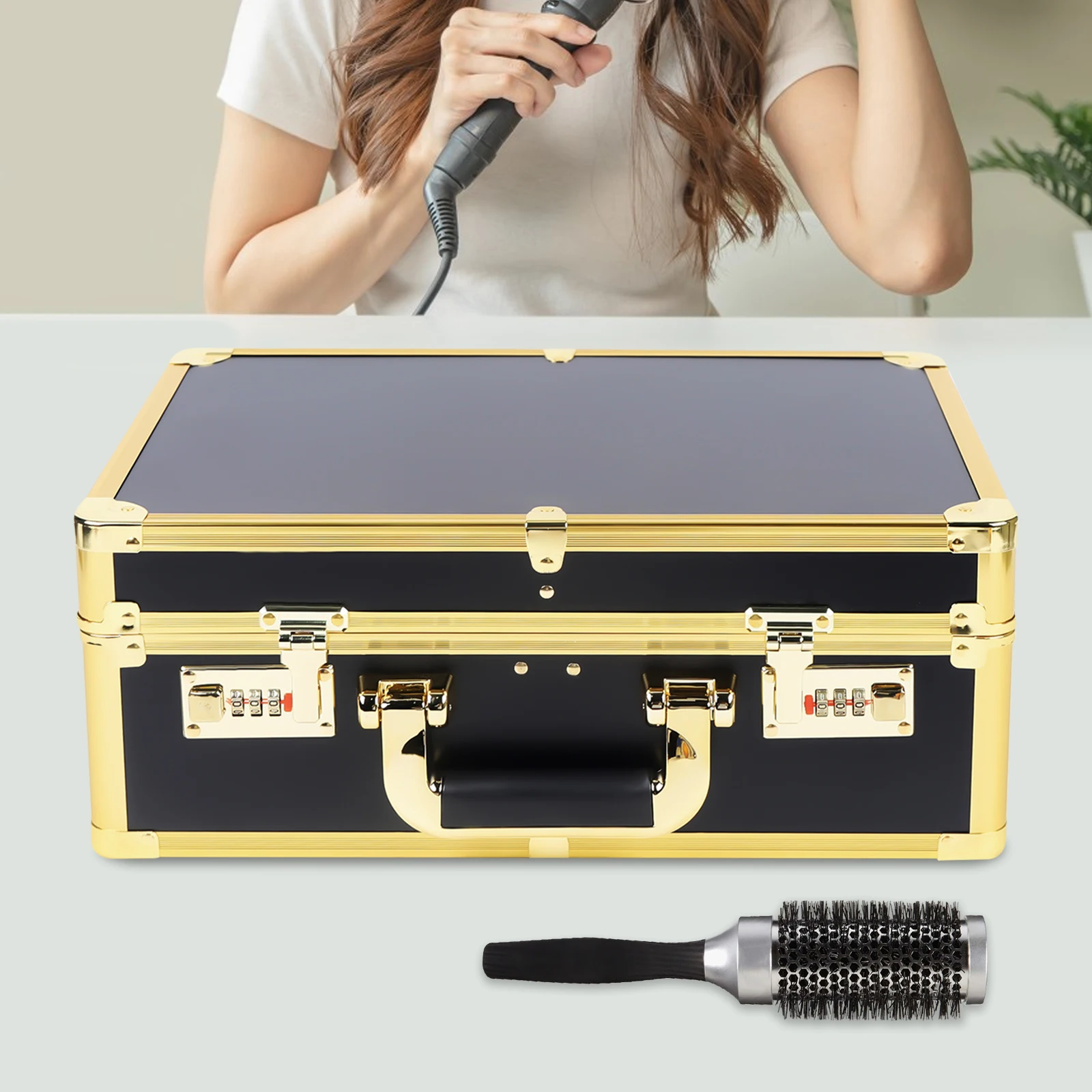 Image of Großer Make-up-Koffer Mobiler Friseur-Stylist-Organizer Tragbarer Beauty-Koffer mit 2 Kombinationsschlössern für Kosmetik und Haarwerkzeuge