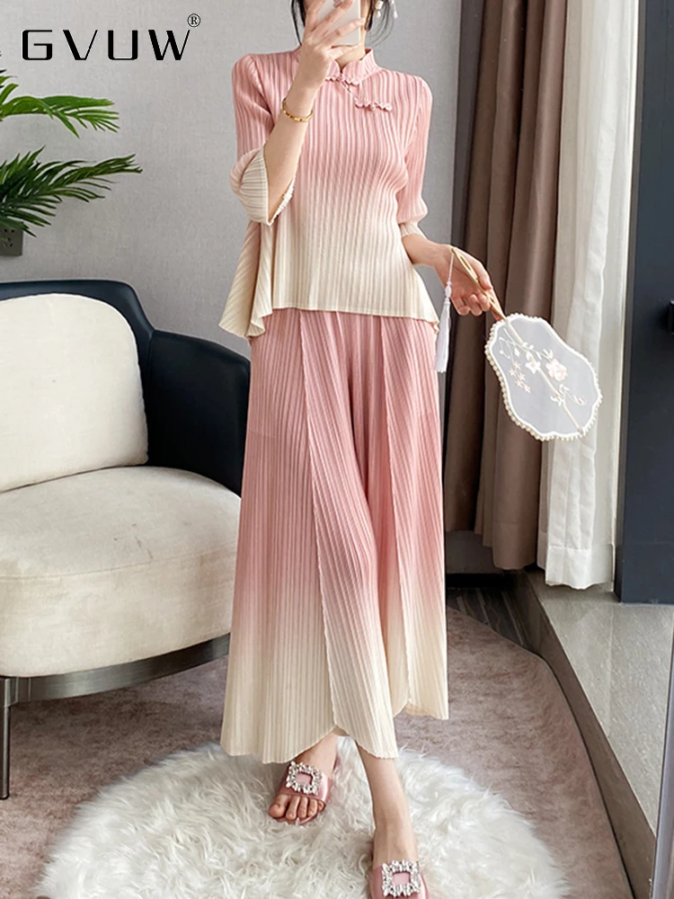 GVUW Pleated 2 Pieces Set Women Gradient Color Loose Stand Collar Top + Wide Leg Trousers New Summer 2024 Clothing Lady 17G5966