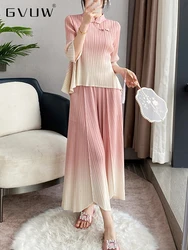 GVUW Pleated 2 Pieces Set Women Gradient Color Loose Stand Collar Top + Wide Leg Trousers New Summer 2024 Clothing Lady 17G5966