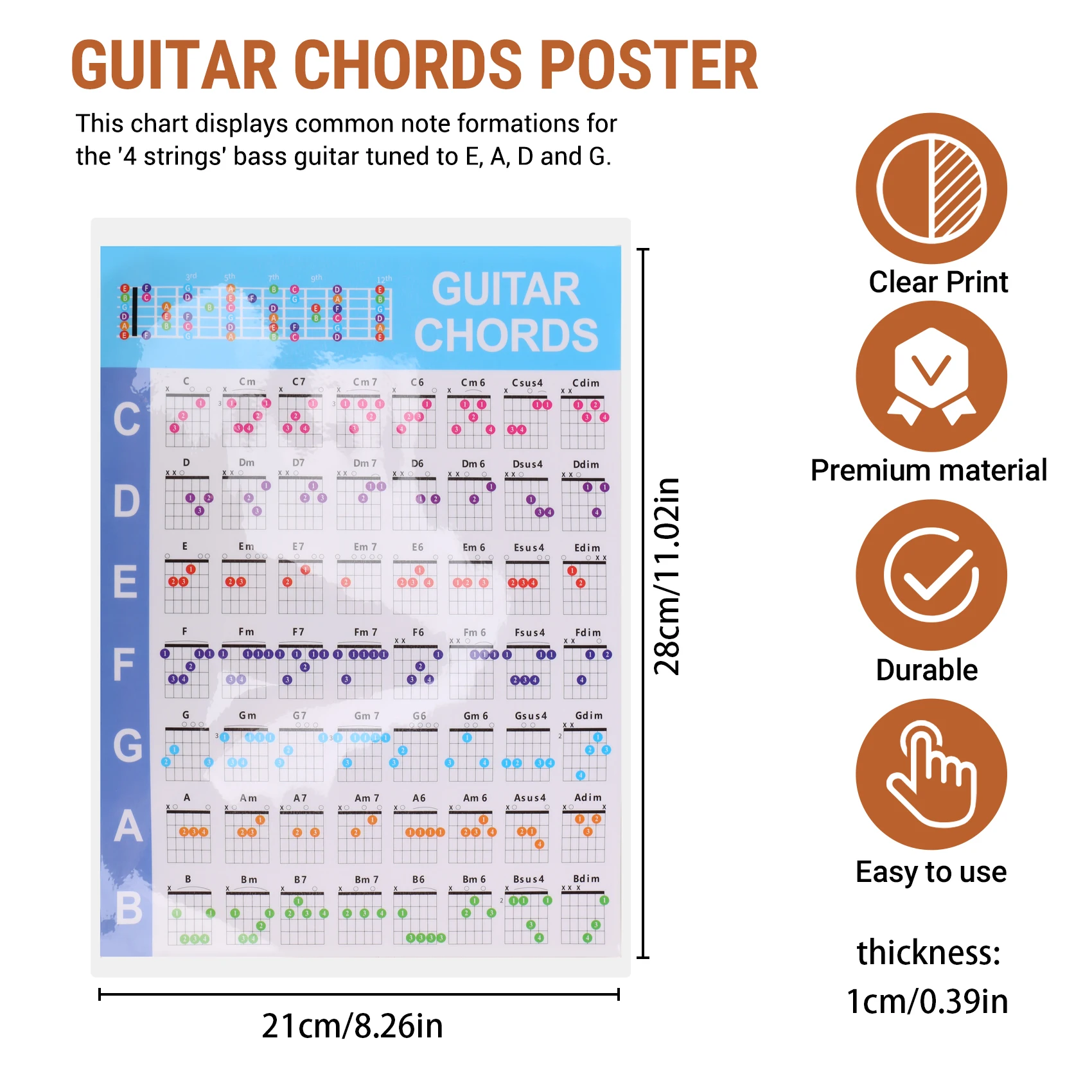 Durable Acoustic Guitar Practice Chords Scale Chart Guitar Chord Fingering Diagram Lessons Music for Guitar Beginner,S