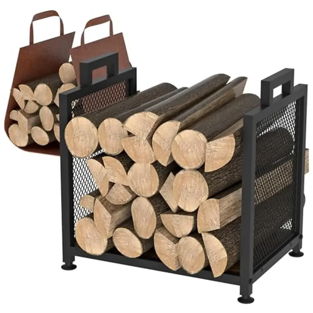 Fire Wood Rack Metal Holder with Leather Carrier Indoor Outdoor Heavy Duty Firewood Storage Portable Durable Weather Resistant