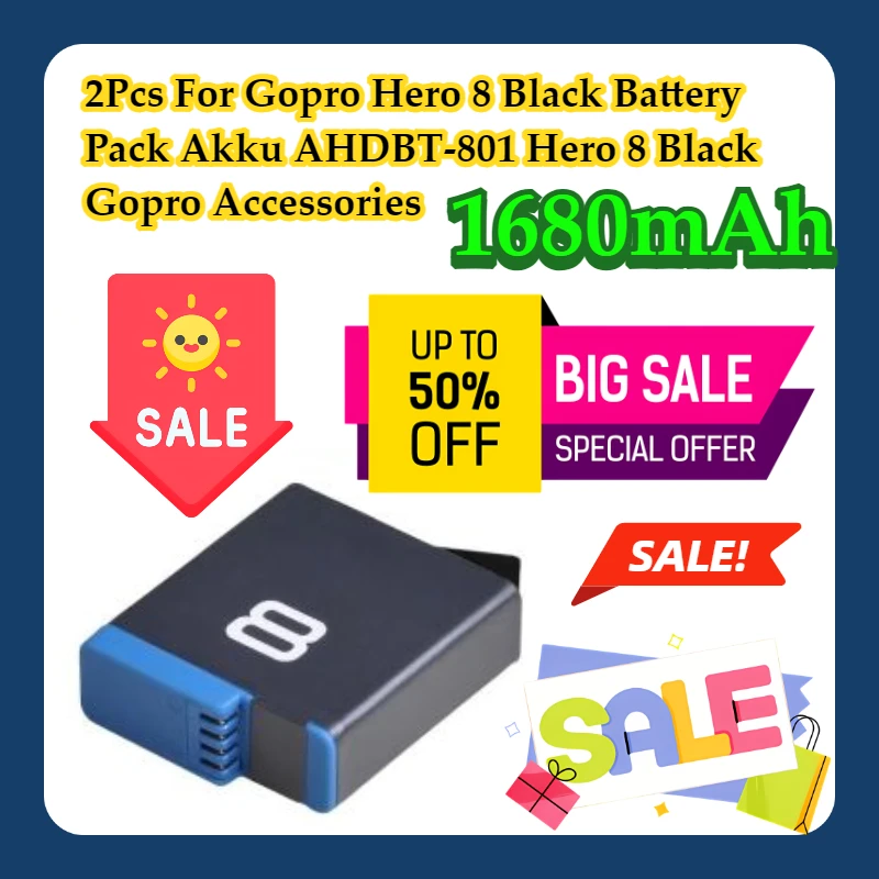 

2Pcs For Gopro Hero 8 Black 1680mAh Battery Pack Akku AHDBT-801 Hero 8 Black Gopro Accessories
