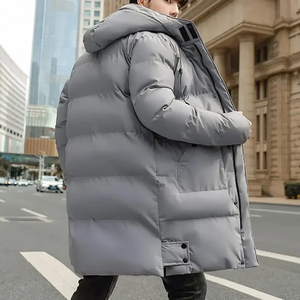

Casual Wear Hooded Male Winter Down Coat Thickened Solid Color Men Parkas New Padded Cardigan Midi Length Zip Up Men's Coat