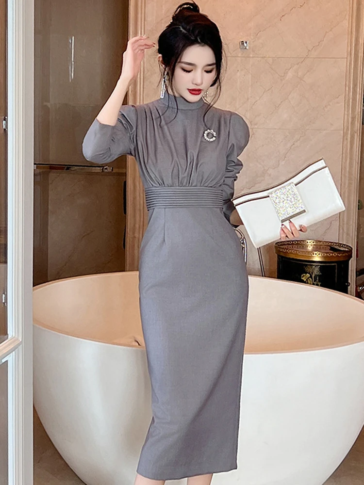 Spring Autumn Solid Formal Work Style Long Wrap Hip Dress Women Elegant Office Commute Puff Sleeve Slim Midi Robe Mujer Vestidos