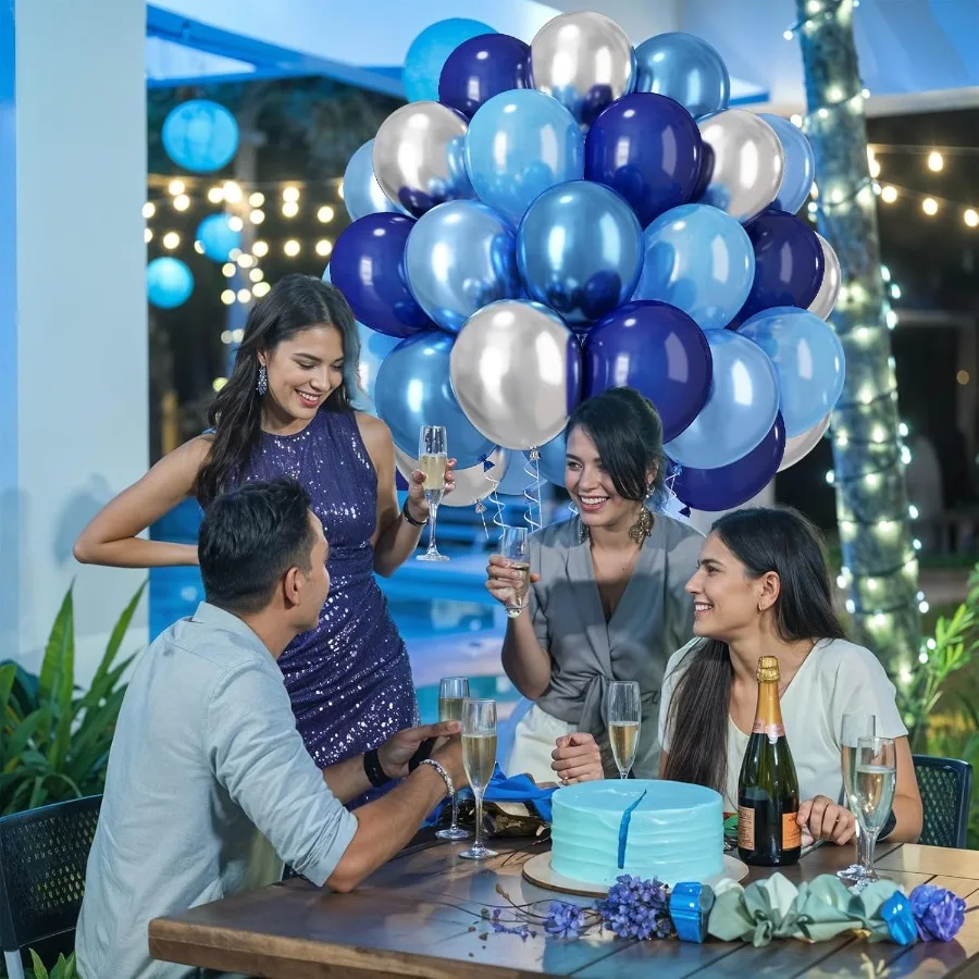 青と銀の風船 50個 12インチ パール ロイヤルネイビーブルー ラテックス パーティーバルーン メタリッククロムシルバー ヘリウムバルーン付き