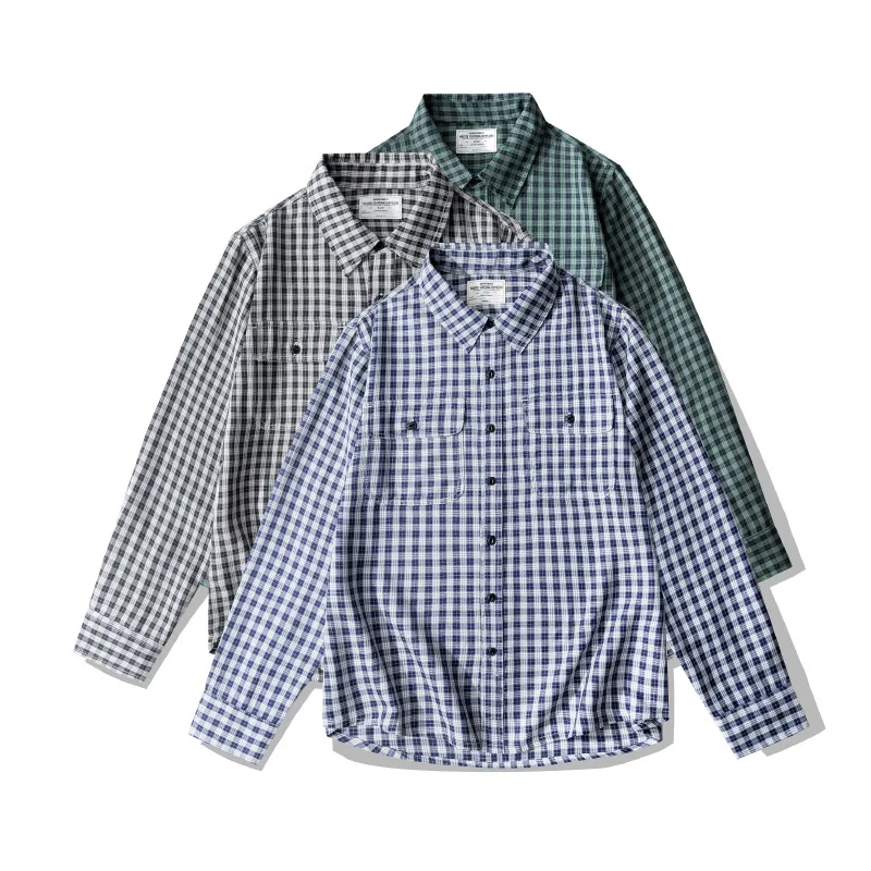 

Heavy Duty Thick Checkered Shirt Light Brushed Amekhaki American Men's Retro Long Sleeve Blouse Outdoor Trekking Lovers