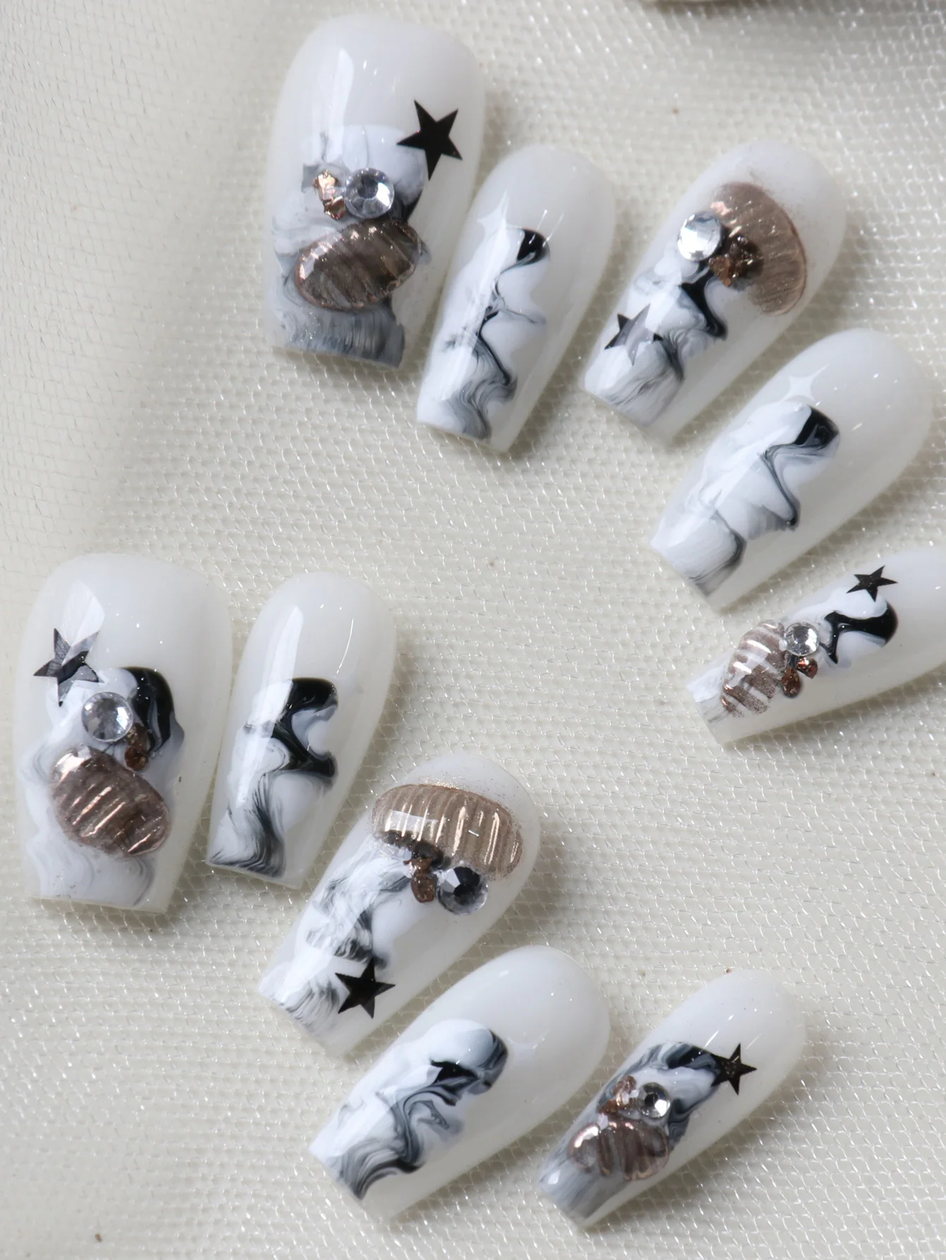 10Pcs Acrylic Press on White Nails Black Jellyfish Fake Nails Includes 1 Sheet of Adhesive Tabs & 1 Pc Mini File