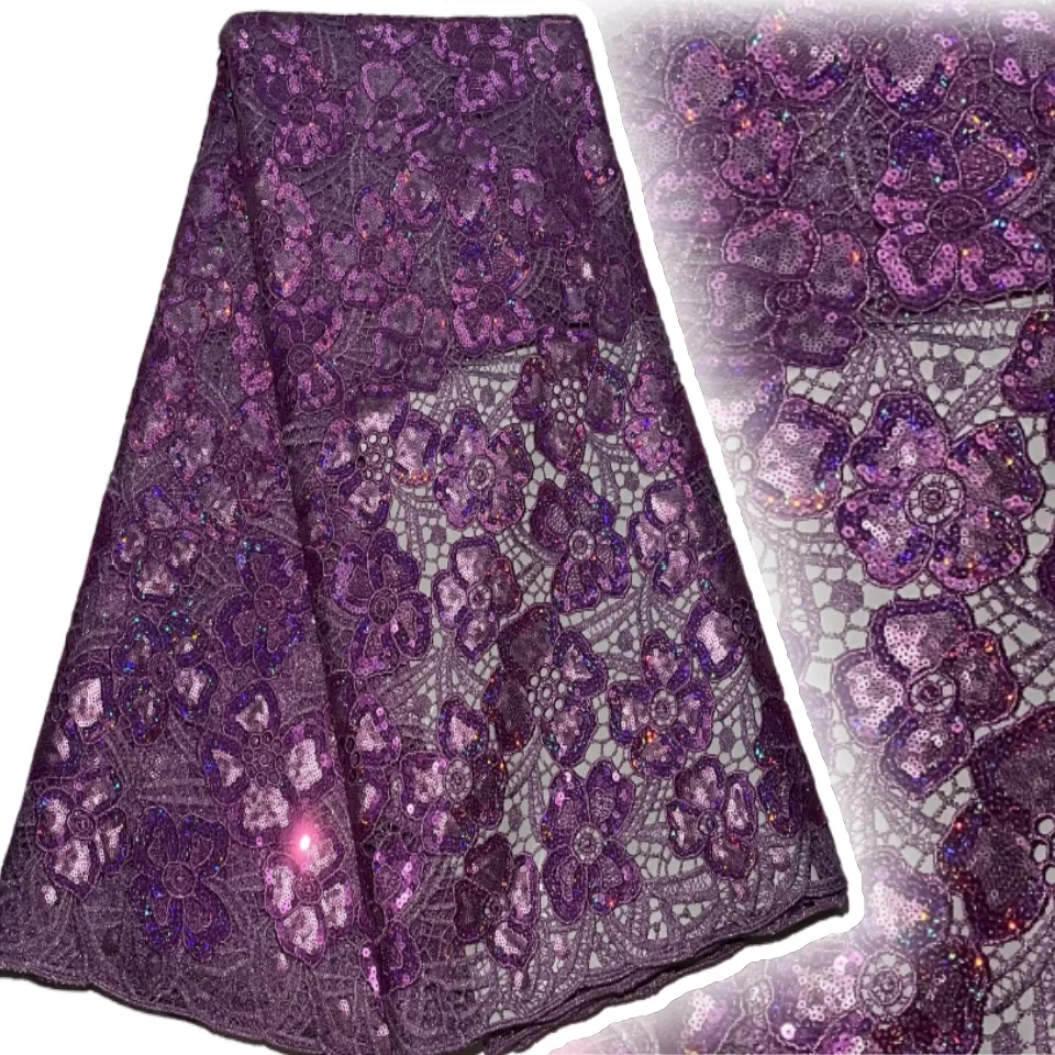 

Новинка 2024 года, роскошная фиолетовая кружевная ткань с блестками, 5 ярдов, гипюровый французский кружевной материал с 3D-оберткой на голову Sego CC1412