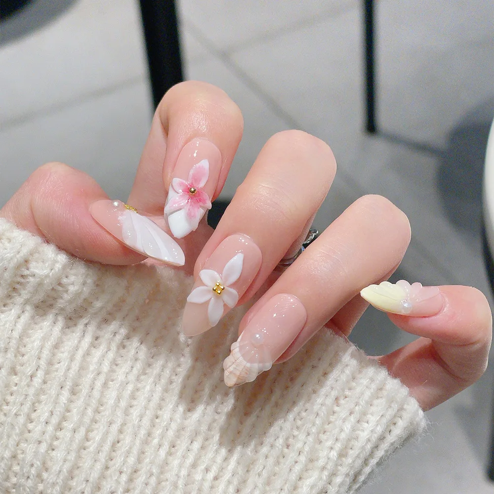 10pcs Middle Almond Handmade Press On Nails Kit, Apricot & White Fake Nails, Gentle Sweet Wearable Nail Art, Carved Flowers