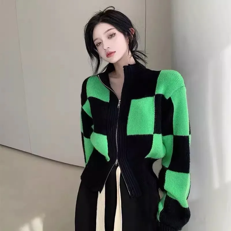 

Design Sense Niche Plaid Sweater Coat Female Original Niche Spring and Autumn 2024 New Women's Double Zipper Knit Cardigan Top