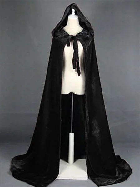 Hooded Cloak Long Velvet Cape Robe Green Black Red Halloween Carnival Purim Coats Medieval Witch Wicca Vampire Costume For Adult