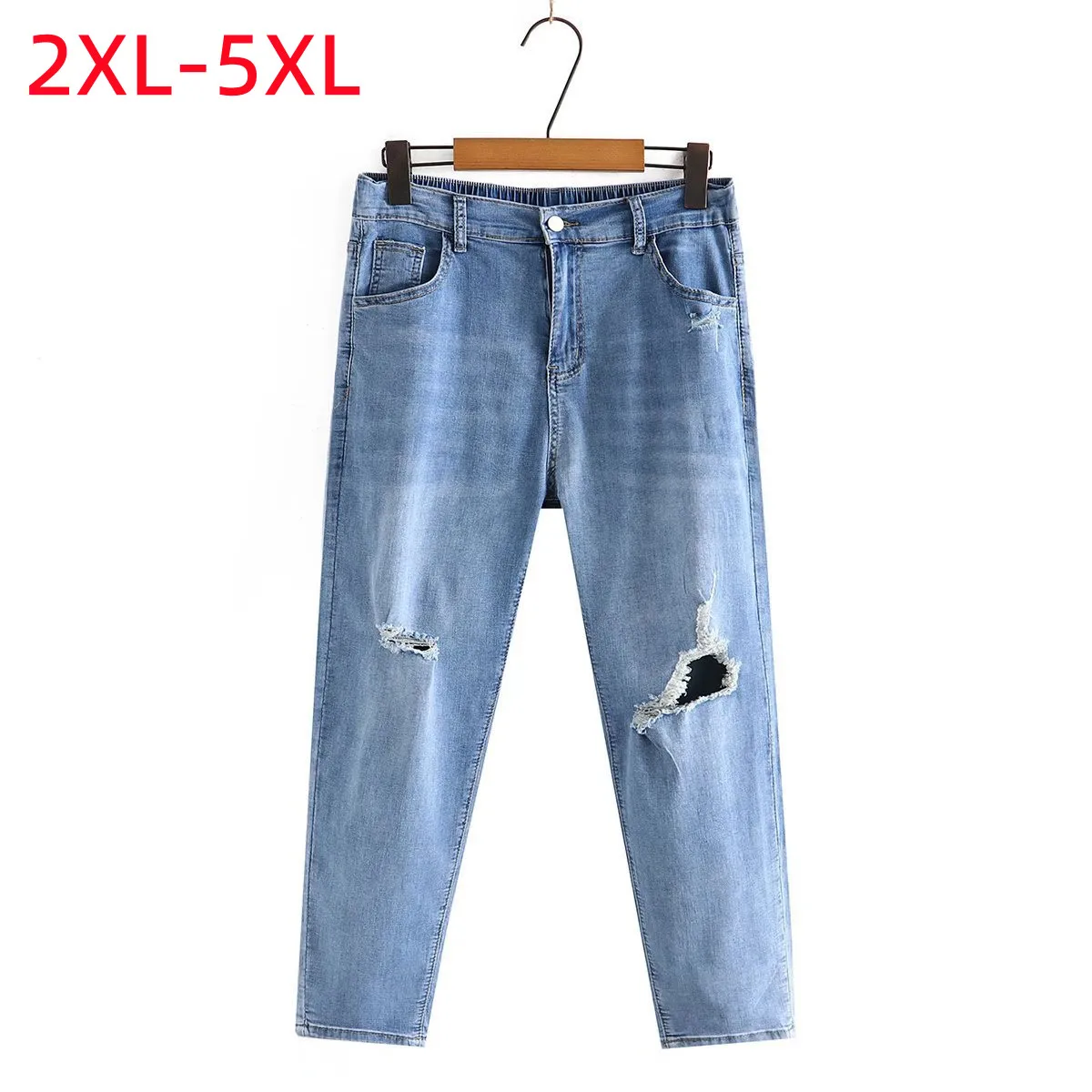 

New 2022 Ladies Summer Plus Size Jeans For Women Large Slim Elastic Blue Cotton Pocket Hole Denim Pants 2XL 3XL 4XL 5XL