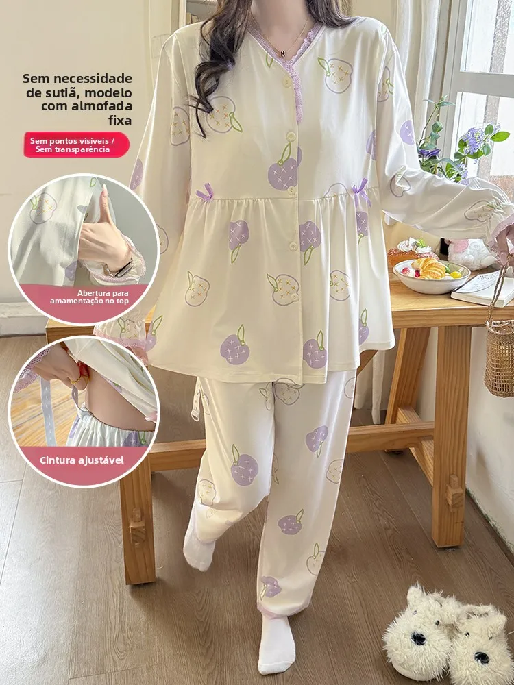v-neck-maternity-sleepwear-women's-spring-summer-thin-cardigan-with-chest-pad-home-set-adjustable-pants-nursing-design