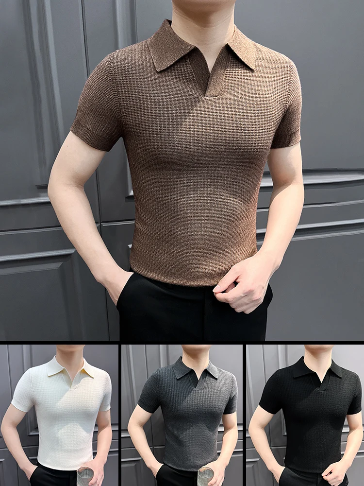 

Мужская трикотажная футболка с V-образным вырезом, модная городская летняя футболка с коротким рукавом, стильный мужской топ