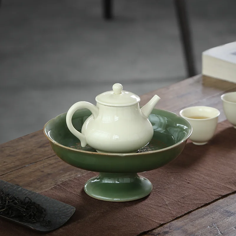 celadon high-footed refreshment plate fruit plate for household living room coffee table office ceramic snack plate