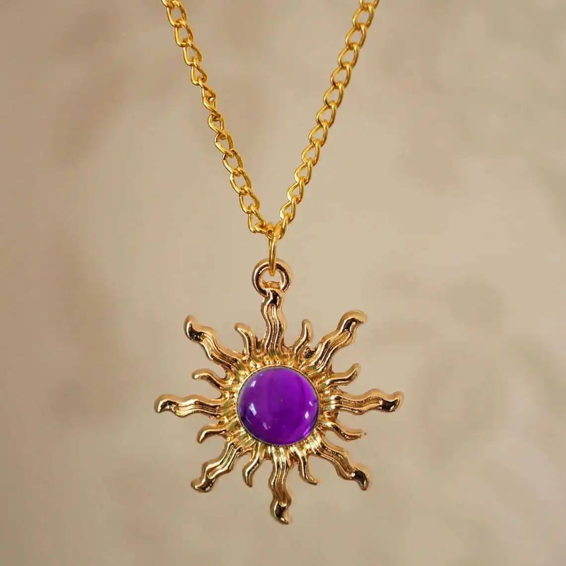 

Vintage Sun Necklace, Purple Cameo, Mystical, Magical, Golden Color, Trendy, Jewelry Accessories, Choker For Women Man