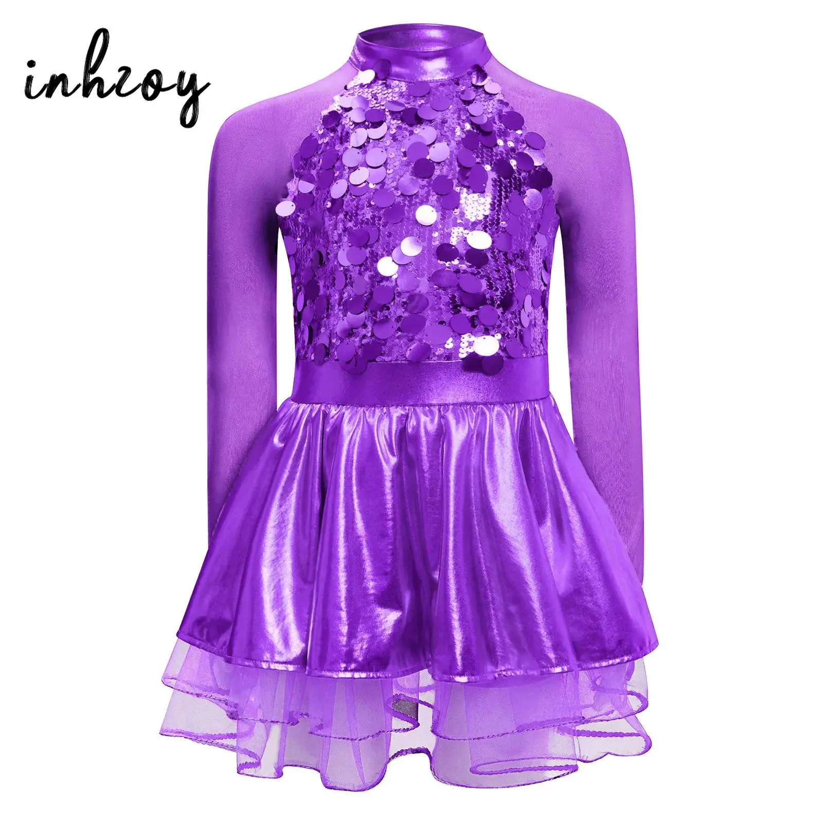 Kids Girls Sequins Ballet Tutu Dress Ballerina Dance Performance Costumes Sheer Long Sleeves Keyhole Back Figure Skating Dress