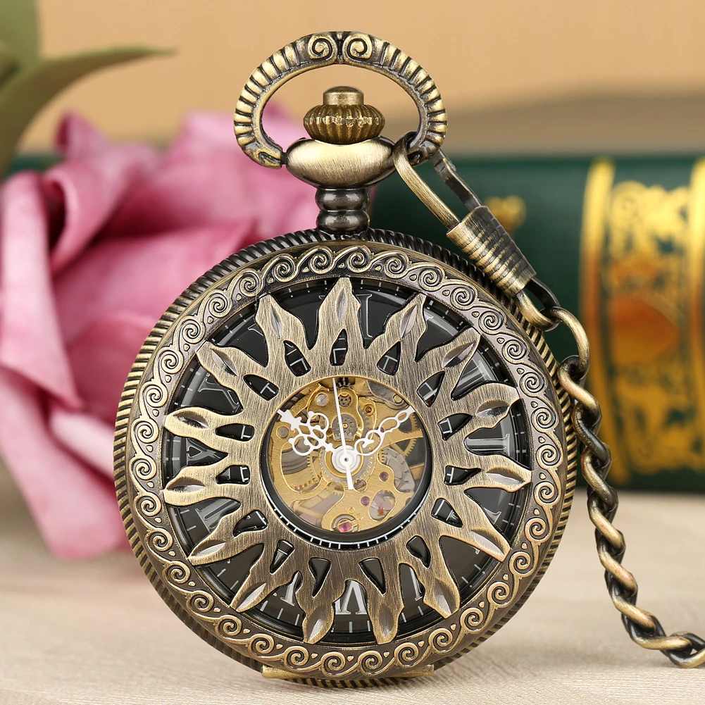 Vintage Bronze Manual Mechanical Men's Pocket Watch with Fob Chain Roman Numerals Dial Hollow Sun Design Pendant Pocket Clock