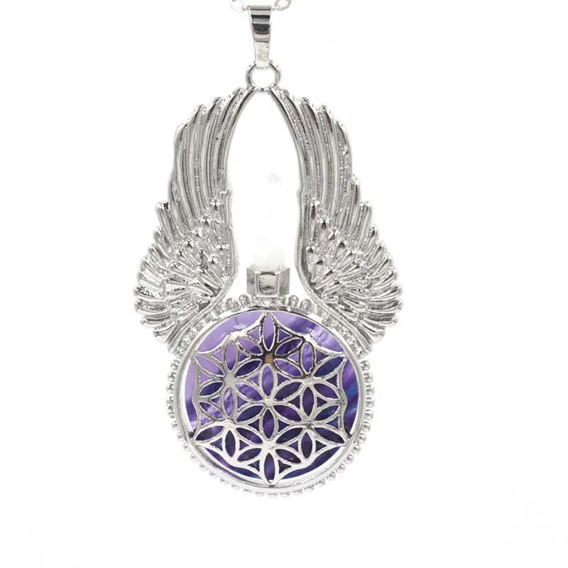 Natural Stone Pendant Reiki Women Angel Wings Hexagonal Round Flower of Life Necklace Wrapped Crystal Caller