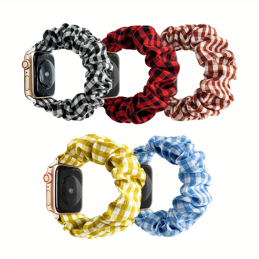Einteilig, für Apple Watch Ultra/SE/10/9/8/7/6/5/4/3/2/1, Stretchband aus Stoff (mit Wursthaarband), karierter Stil.