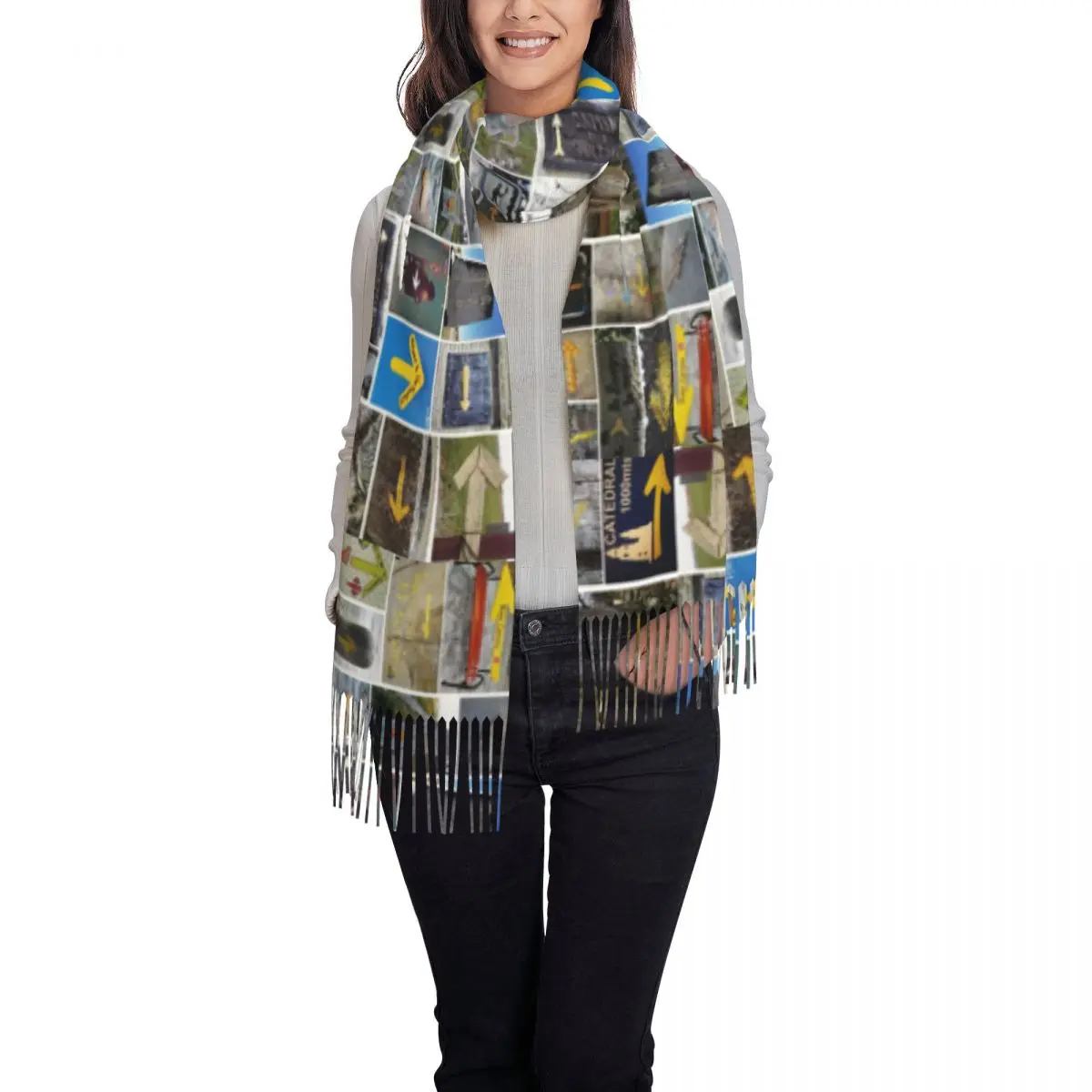 Custom The Arrows Of The Camino De Santiago Tassel Scarf Women Soft Shawls Wraps Female Winter Fall Scarves