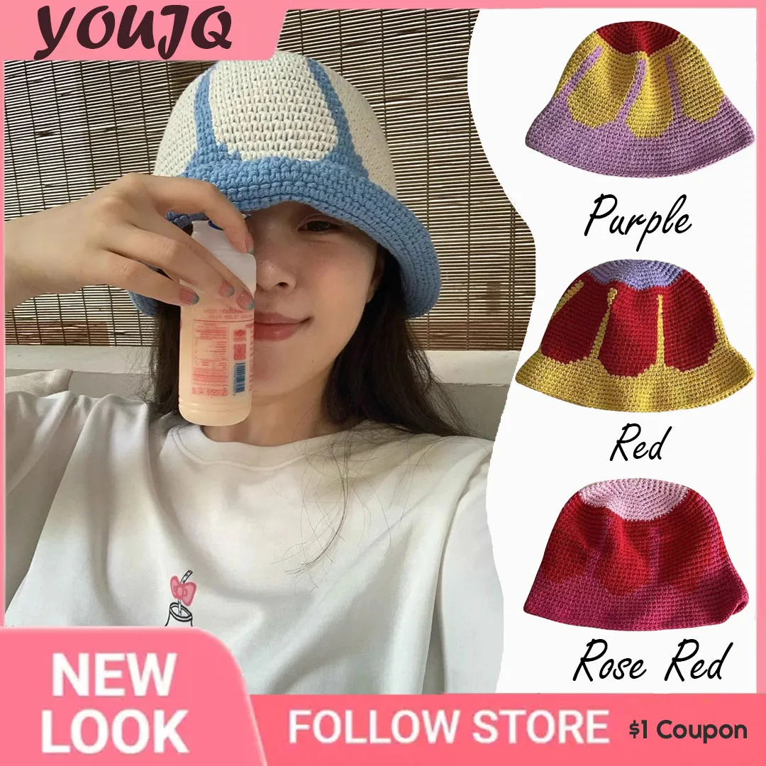 

Y2K Flower Crochet Bucket Hat Women Spring Summer Handmade Thin Breathe Knit Beanies INS Korean Cute Beanies Panama Cap Bob