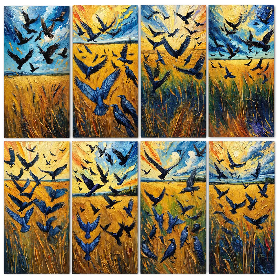 Wheat Field Crow Diamond Art Jewelry Cross Stitch Full Large Diamond Mosaic Painting New Halloween Gfit Landscape For Wall