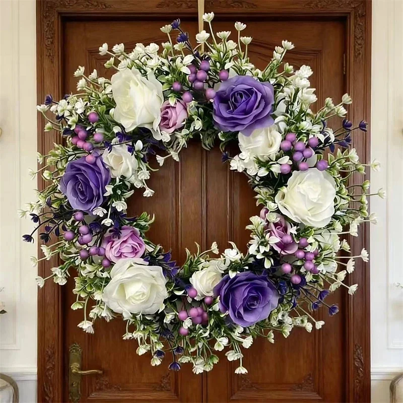 

Simulation Floral Garland Spring Summer Artificial Blue Rose Wreath With Berries For Front Door Home Wall Wedding Party Decor