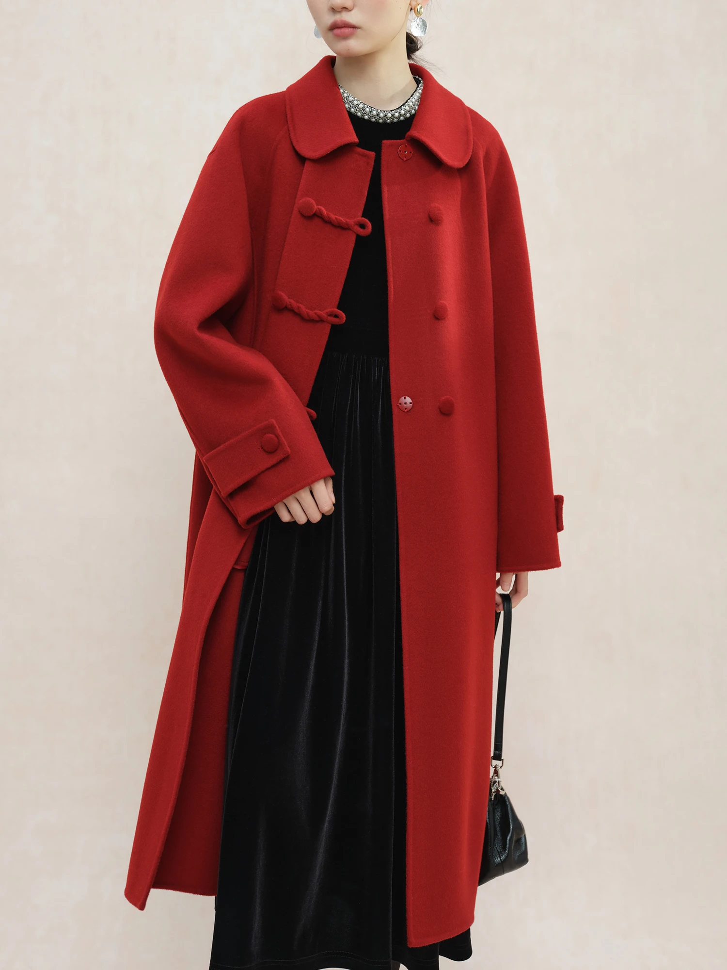 ZIQIAO 100% Wool New Chinese Style Wool Red Elegant Coat For Women 2024 Winter New Design Wool Long Warm Petite Coat 24ZQ94115