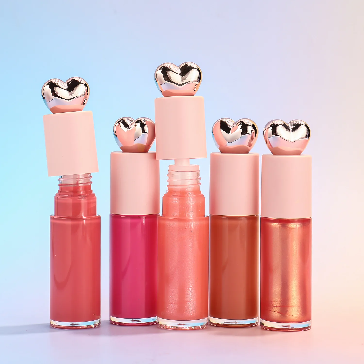 Cute Lip Gloss Custom Logo Waterproof Long Lasting Vegan Makeup Lipgloss Wholesale Heart Tube Cosmetics Peach Pink Color