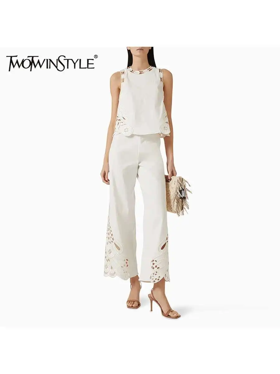 

TWOTWINSTYLE Solid Hollow Out Two Piece Set For Women O Neck Sleeveless Top High Waist Minimalist Pant Sets Female Fashion New