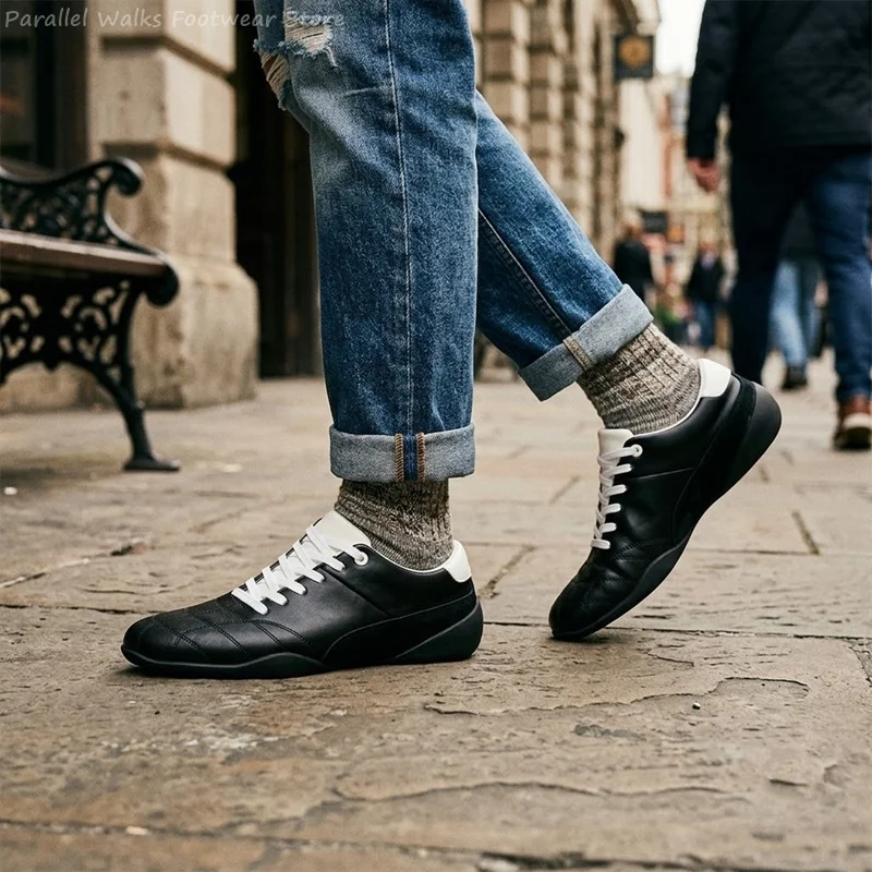 Men Skate Board Shoes Black White Leather Color Block Low Top Lace Up Vintage Casual Walking Sports Sneakers Trainer Shoes Men