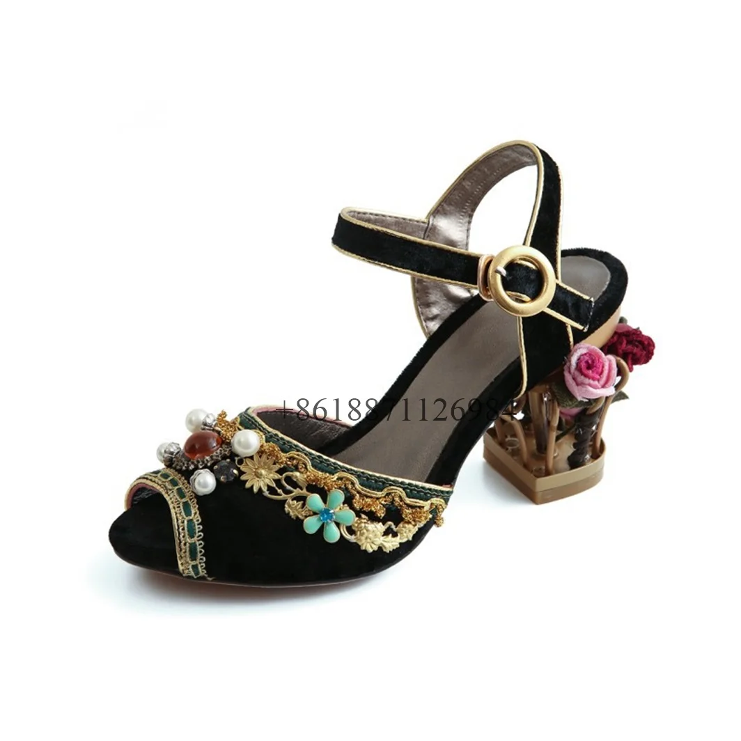 

Genuine Leather Peep Toe Women Sandals With Pearl And Flowers Chunky Middle Heels Buckle Strap Design Customized Shoes