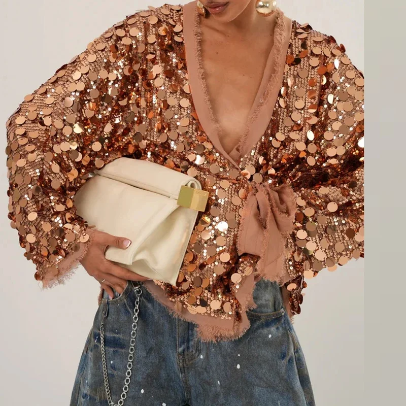 

Женская элегантная куртка с блестками, женская модная верхняя одежда с v-образным вырезом и длинными рукавами, женский сексуальный свободный кардиган на шнуровке, праздничная одежда