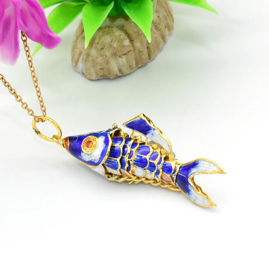 1pc Many Color To Choose Movelable Chinese Cloisonne Blue Green Purple Color Enamel Carp Fish Pendant Necklace