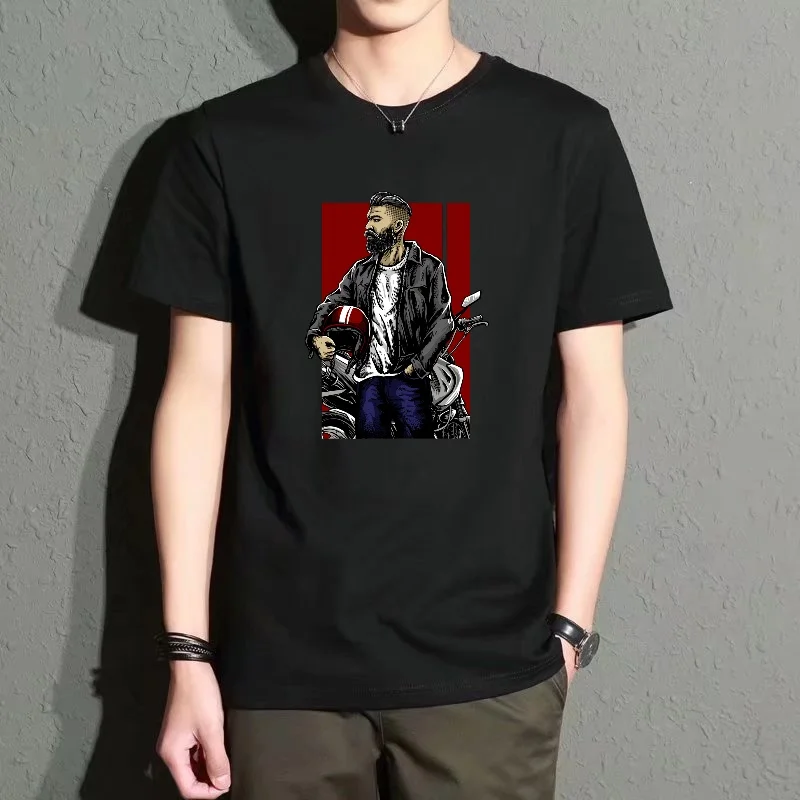 Men's Black Round-Neck Short-Sleeved T-Shirt, Vintage Motorcycle Graphic Print Top, Street Fashion Casual Versatile Style, Comfortable and Breathable, Suitable for Daily Wear and Sports.