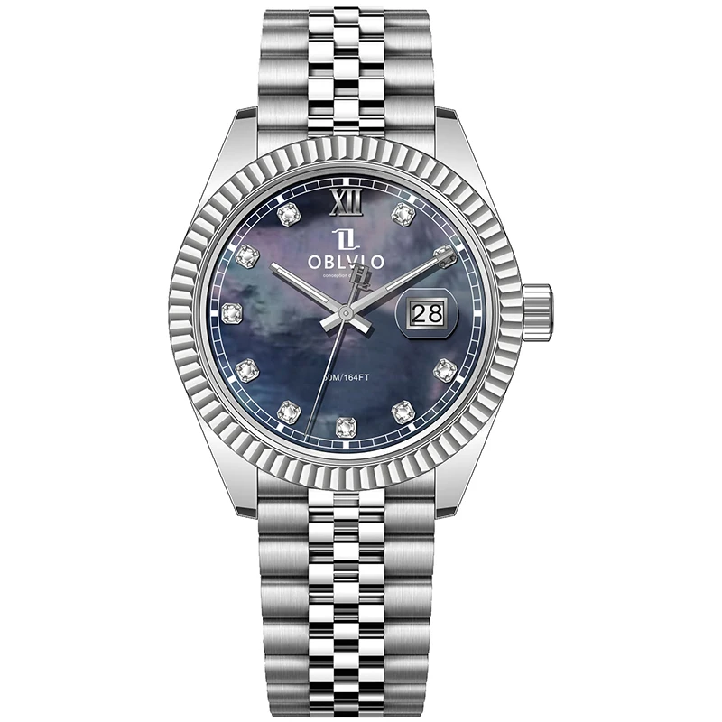 

OBLVLO Men Quartz Watch 39mm Wristwatch MOP Dial 5ATM Waterproof Sapphire Luminous Ronda 505 Mov Sawtooth Bezel