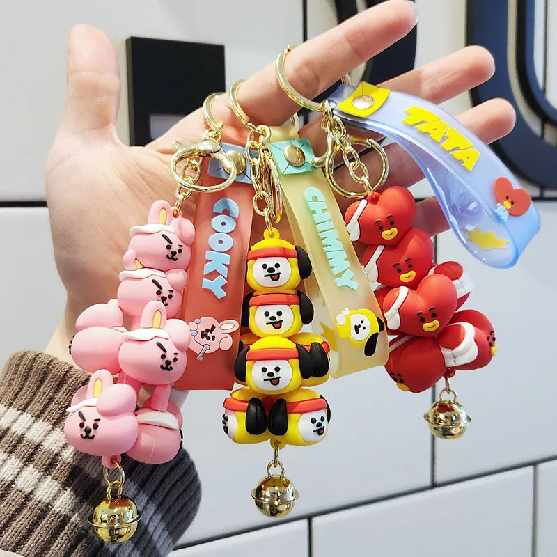 7Pcs/set Kawaii Bt21 Jenga Bell Keychain Cute Cartoon Tata Silicone Doll Pendant Girl Bag Boy Backpack Accessories Holiday Gift