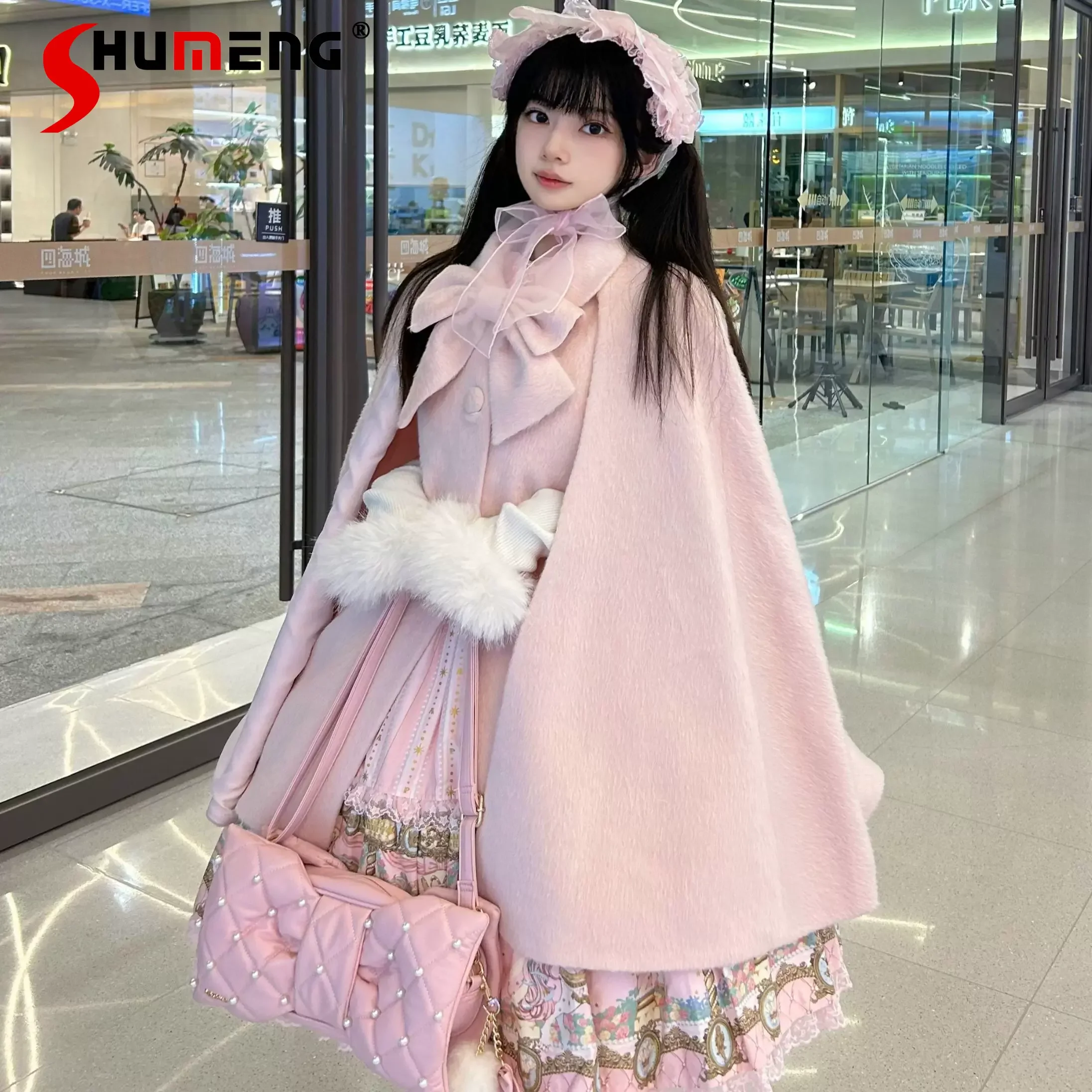 

Women's Sweet Cute Girl Lolita Bow Single-breasted Wool Cloak Coat Female Warm Poncho Woolen Cape Jacket New Autumn and Winter