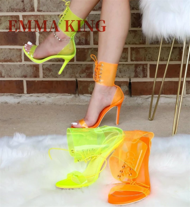 صنادل نسائية شفافة بحزام الكاحل PVC مفتوحة من الأمام بكعب عالٍ صنادل برباط بلون سادة أحذية صيفية للفتيات الحارة 45 #1