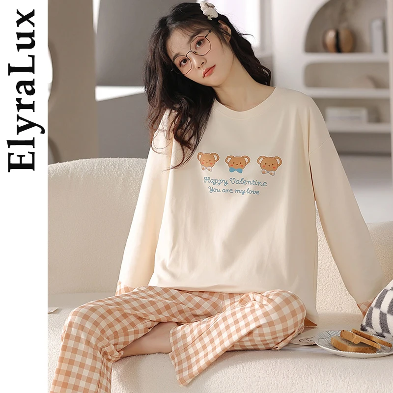 

ElyraLux весенне-осенние пижамы, женская одежда для сна, комплект из двух брюк с длинными рукавами, домашняя одежда, базовые женские пижамы