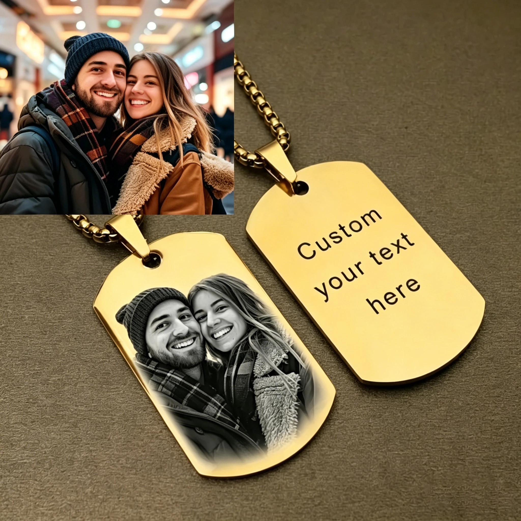 

Laser Engraved Custom Dog Tag Necklace Stainless Steel Photo Text Pendant Vintage Bohemian Style Anniversary Keepsake Jewelry
