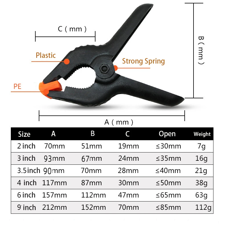Woodworking Spring Clamps 2/3/3.5/4/6/ Inch Plastic Nylon Carpentry Clips Wood Fixing Tools Photo Studio Background Pipe Clamp