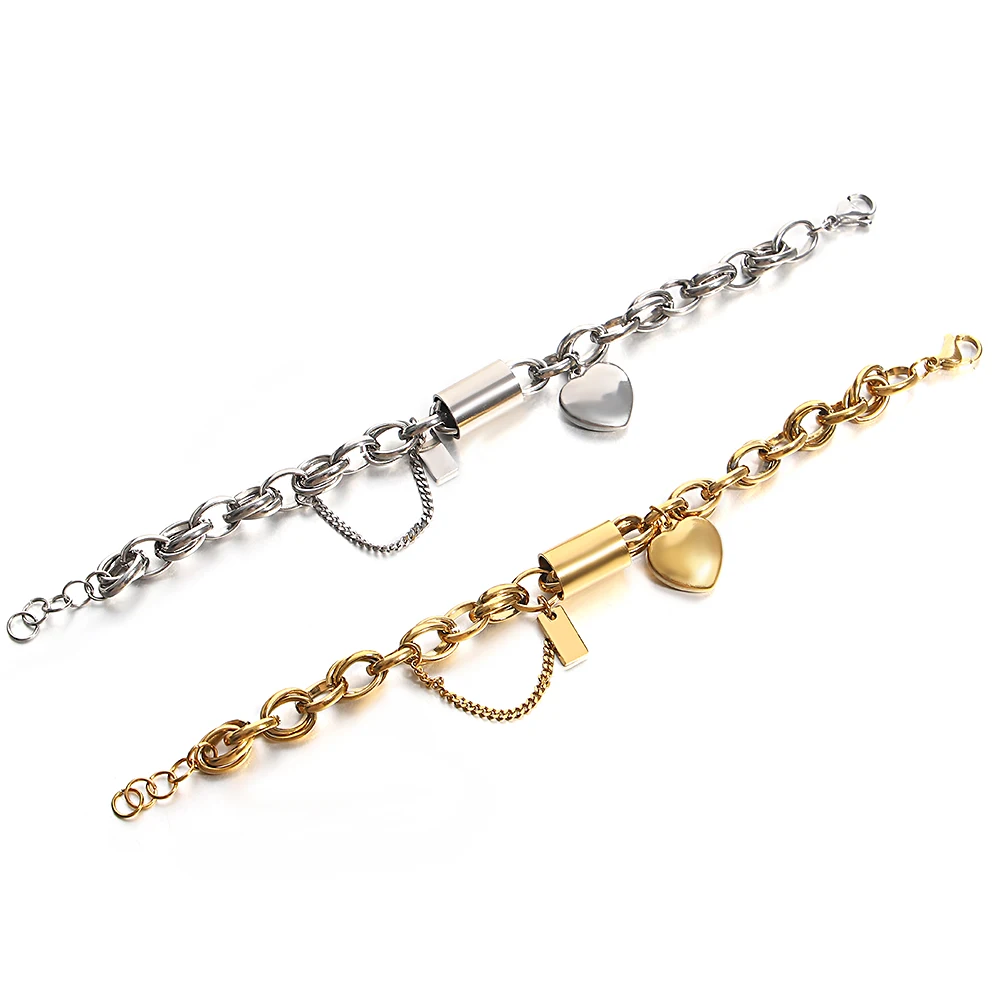 AENSOA, pulseras gruesas de acero inoxidable con dije de corazón de amor para mujeres y hombres, brazalete de cadena gruesa de Metal chapado en oro, joyería resistente al agua